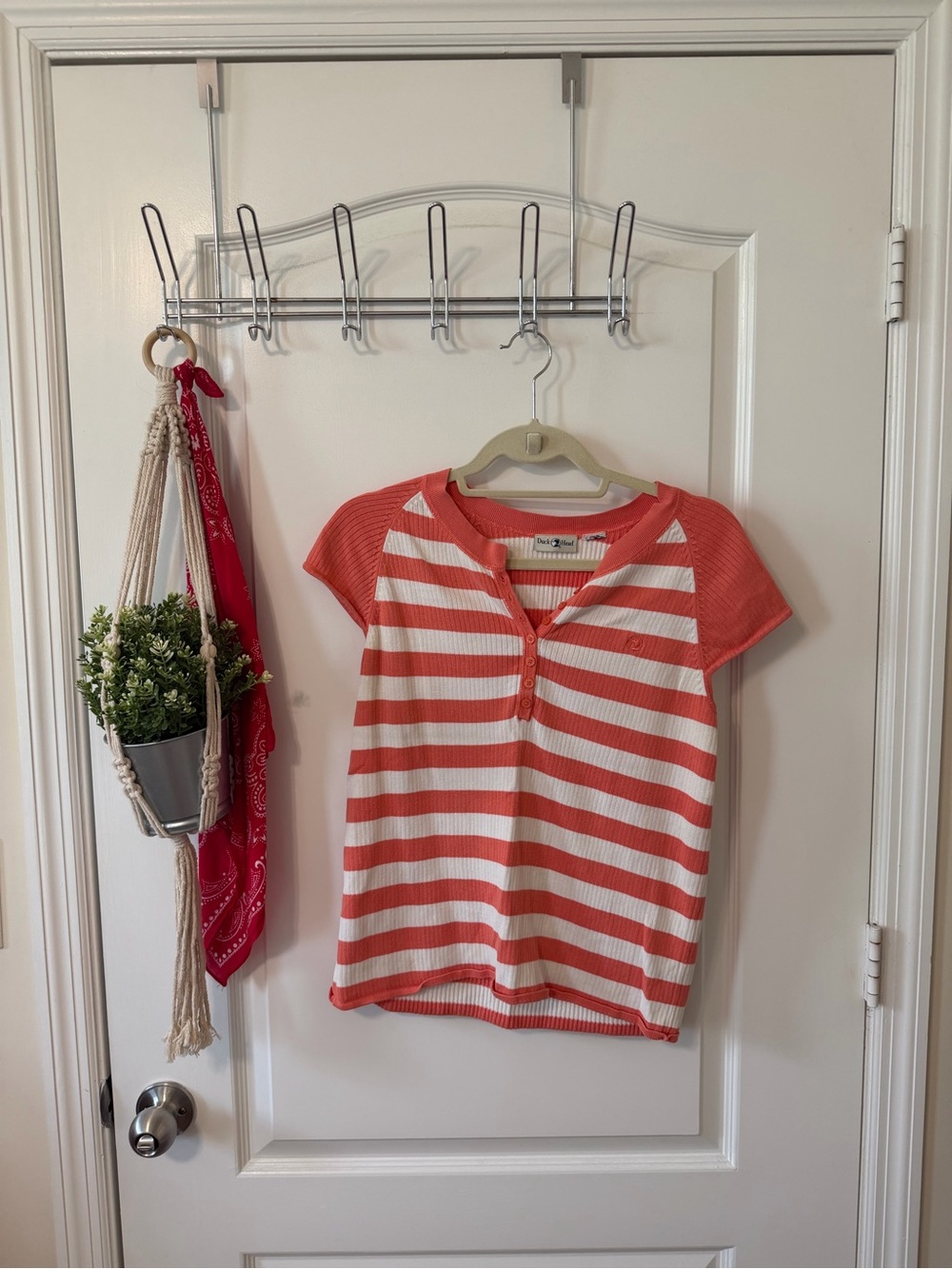 Vintage Duck Head Coral and White Striped Short-Sleeve Henley Tee